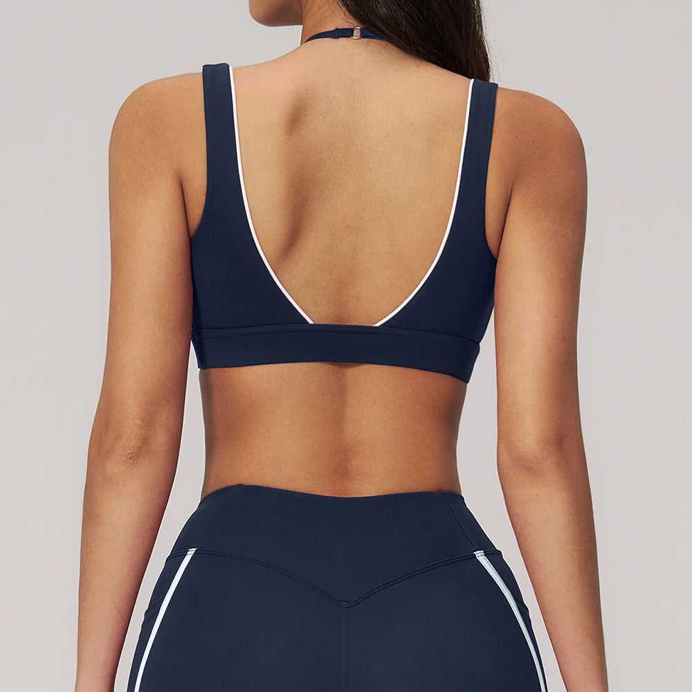 Women Deep V Neck Sports Bra Wide Strap Open V Back Contrast Piping Padded Push Up Gym Workout Top Yoga Bras Activewear Summer