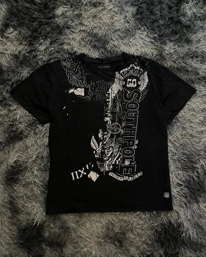 Southpole Y2K Vintage Cotton Graphic Tee Distressed Oversized Unisex T-Shirt with Gothic Print Streetwear Retro Soft Shirt Man