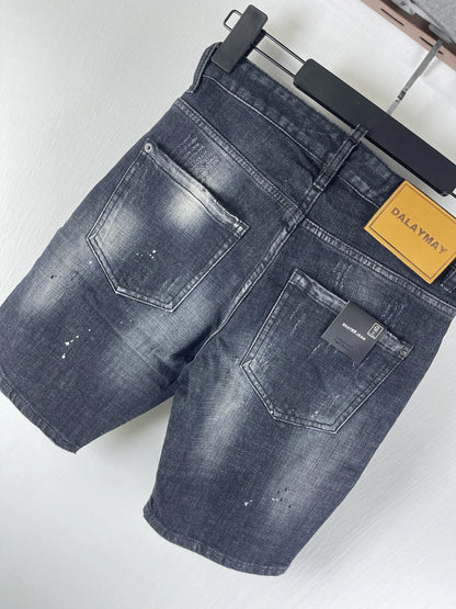 3006 Summer New Men's Jeans Washed Ripped Patch Paint Slim-fit Micro-elastic Denim Shorts Men's Black