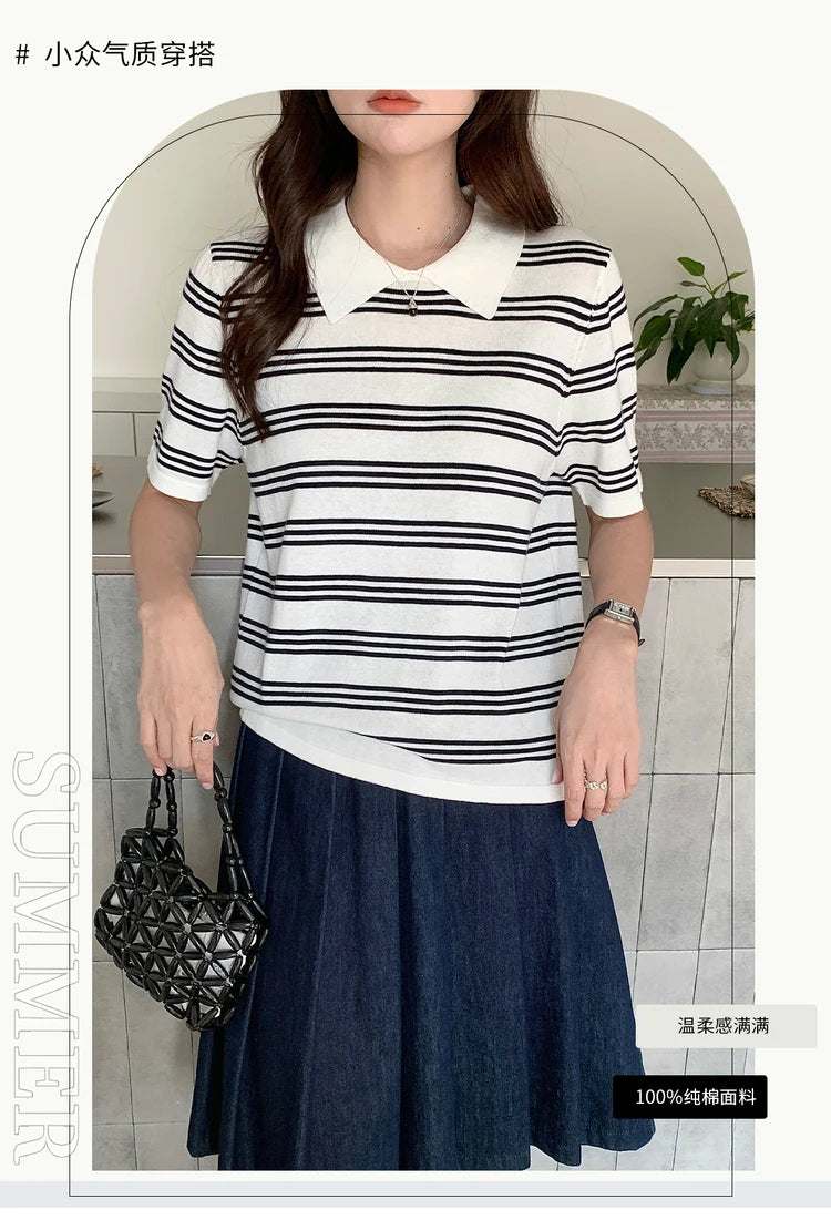 Summer women's100% cotton casual striped knitted T-shirt short sleeved loose POLO collar pullover Korean version fashionable top