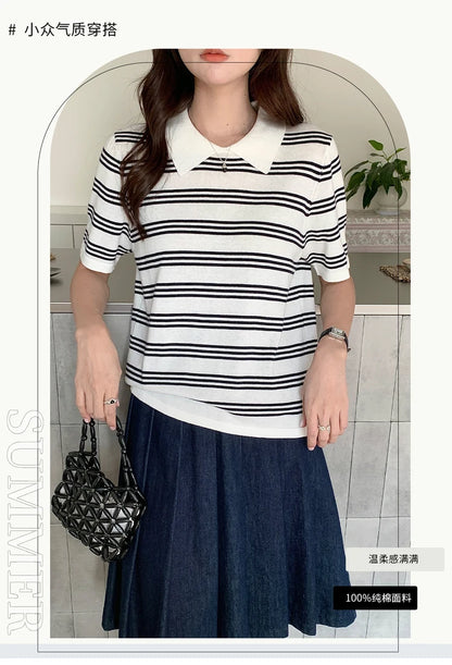Summer women's100% cotton casual striped knitted T-shirt short sleeved loose POLO collar pullover Korean version fashionable top