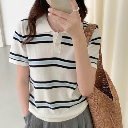 Summer 100% cotton women's T-shirt casual striped knit pullover short sleeved loose POLO collar Tees Pull fashion tops