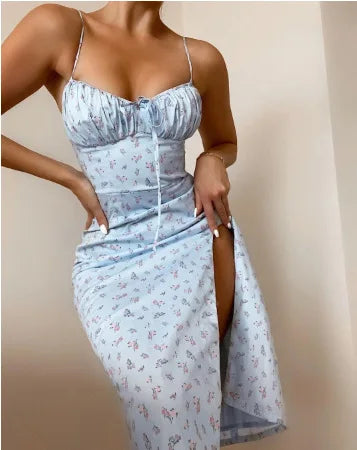 Women Elegant Floral Beach Vacation Streetwear Sexy Low Cut Beach Party Slim Slit Dress Chic Bodycon Lady Sleeveless Vestidos