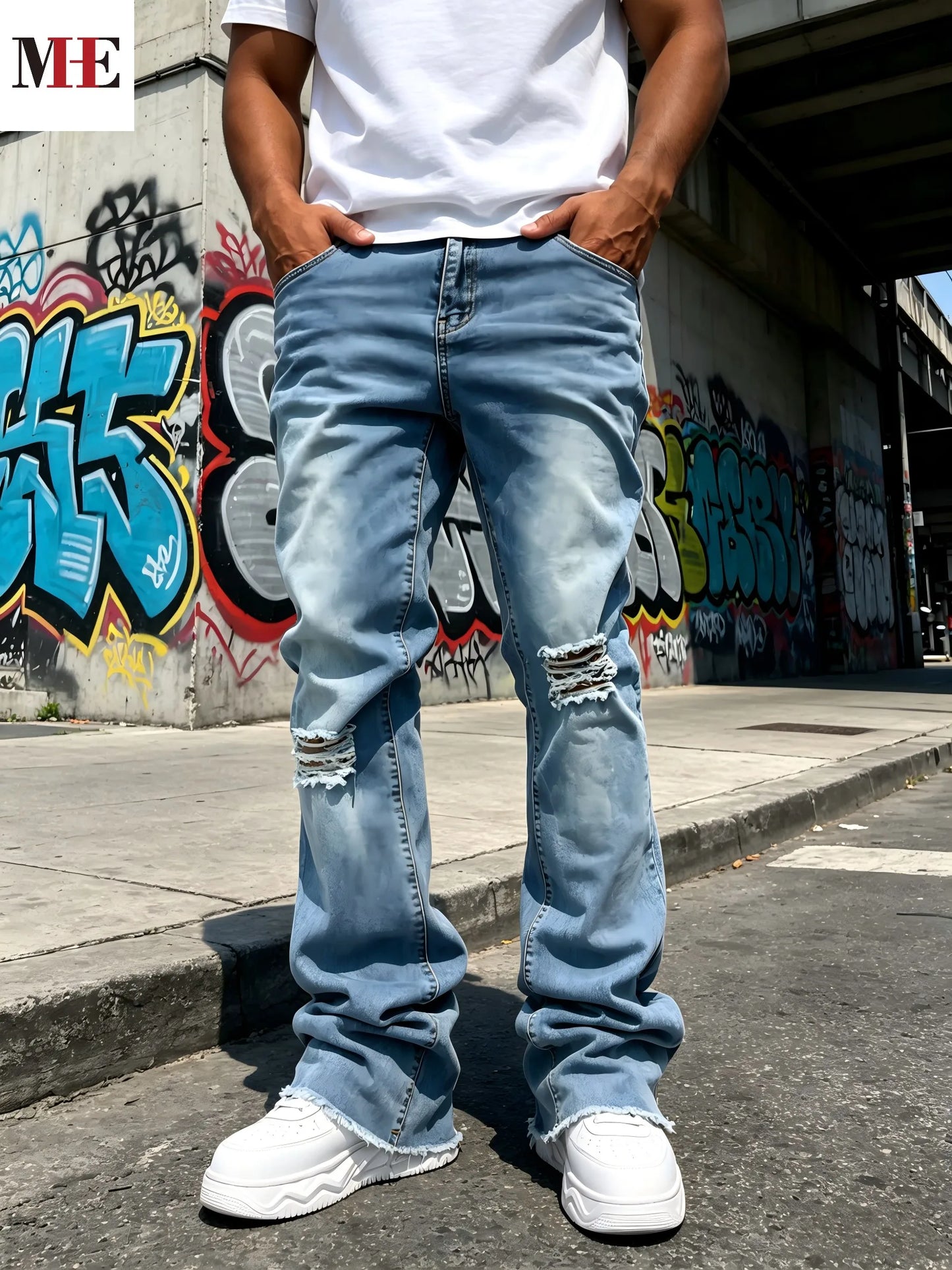 HME Men's Light Blue Denim Pants, Distressed Flared Jeans with Knee Rips & Frayed Hem for Streetwear