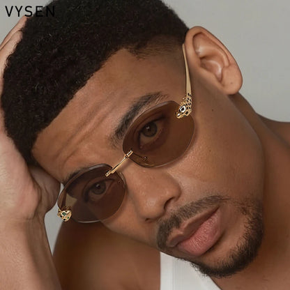 Vintage Rimless Oval Punk Sunglasses Men Luxury Designer Leopard Head Frameless Sun Glasses Hip Hop Outdoor Shades Eyewear