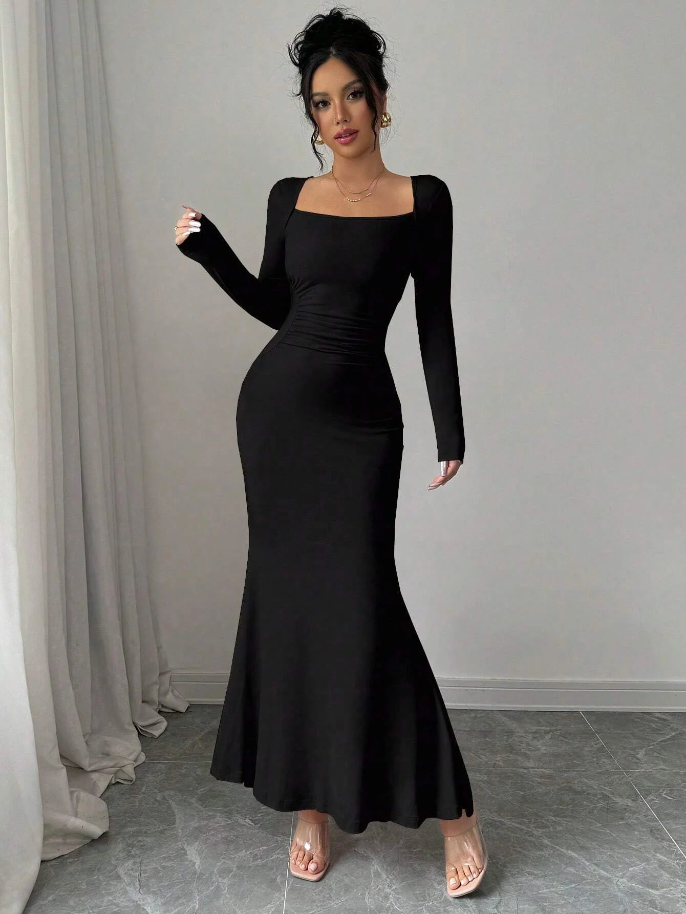Women's Four Seasons New Style Women's Elegant Temperament Retro Solid Color Square Collar Long Sleeve Dress