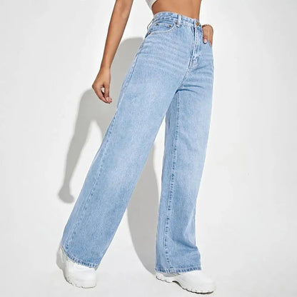 High Waist Denim Pants For Women Stretchy Wide-Leg Jeans With Pockets Casual Straight Leg Summer Autumn Female Jean Trousers