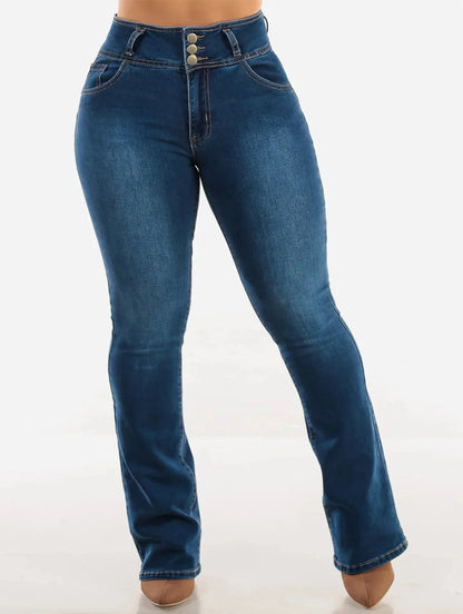 Buttoned zipper opening washable blue high-waisted slimming buttocks-enhancing stylish and sexy mini-flared denim pants
