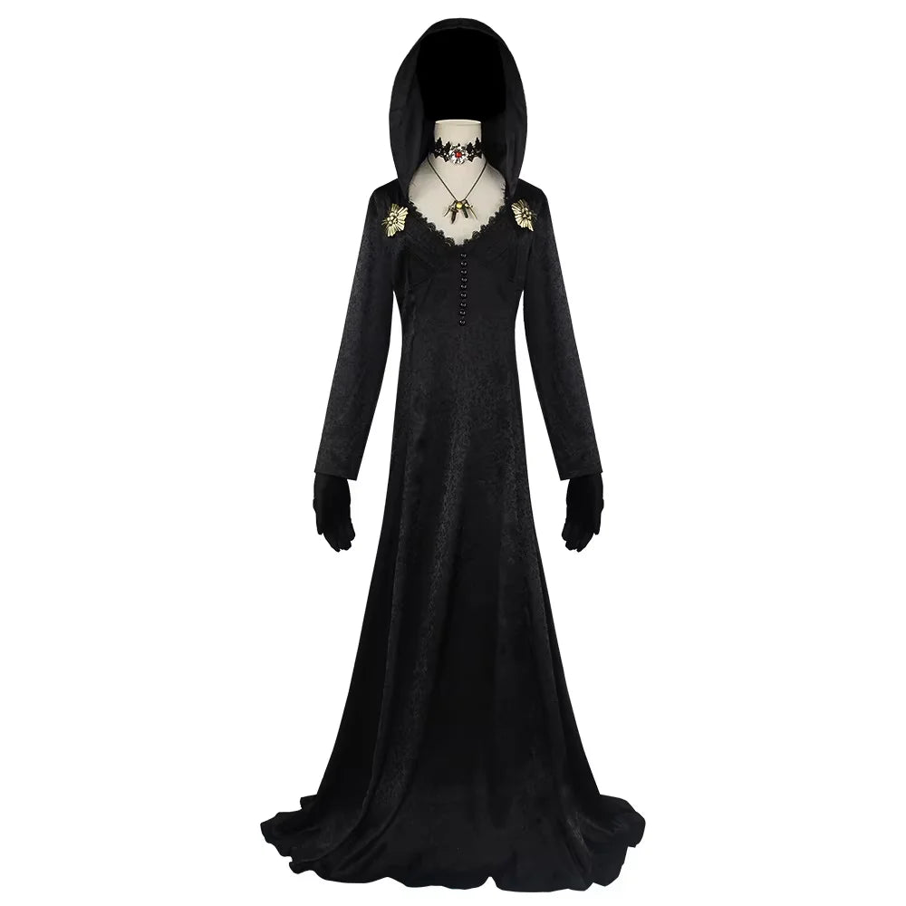 Moth Lady Evil Cosplay Fantasia Village Vampire Lady Dimitrescu Costume Women Black Dress Halloween Carnival Party Suit