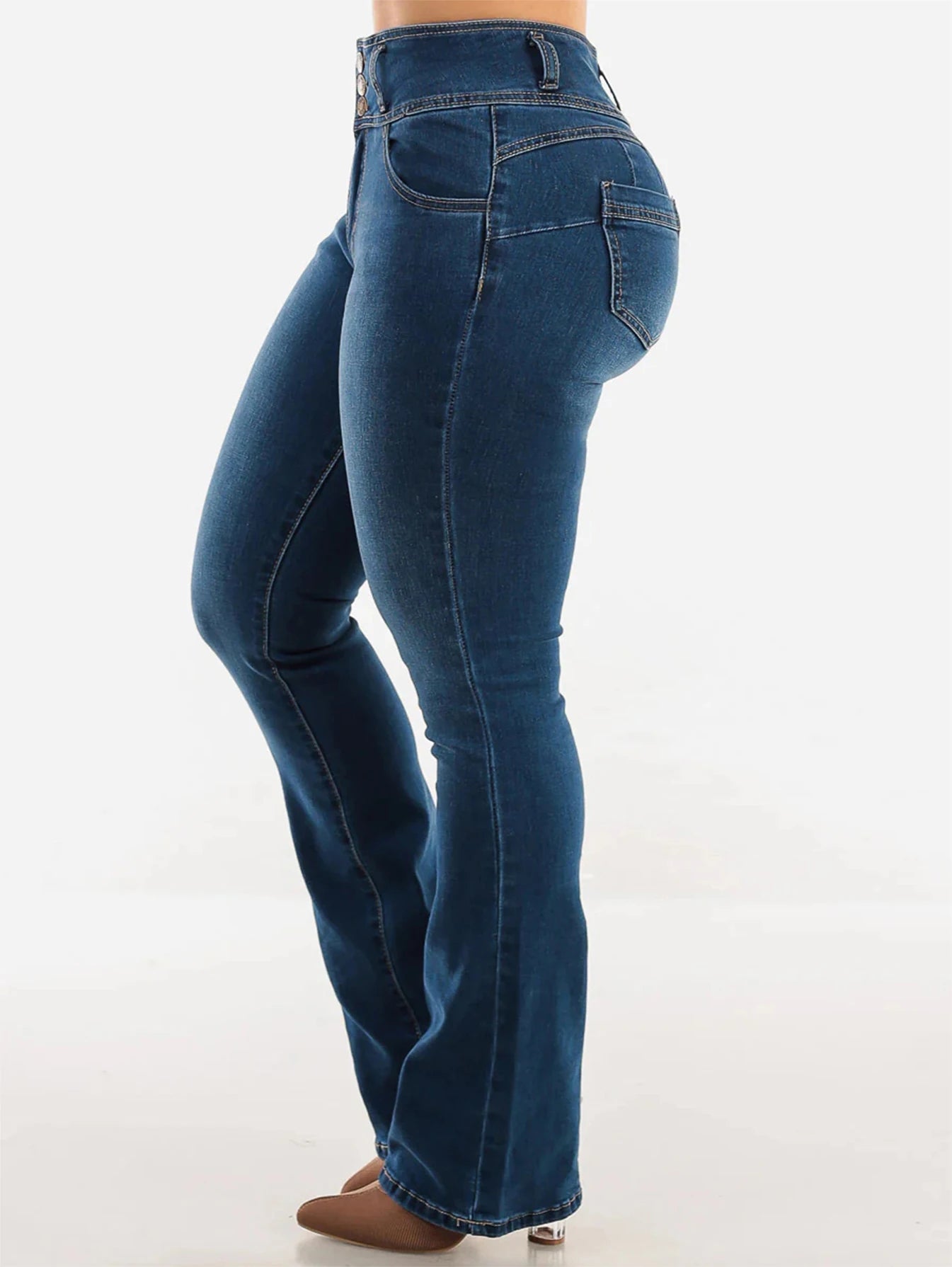 Buttoned zipper opening washable blue high-waisted slimming buttocks-enhancing stylish and sexy mini-flared denim pants