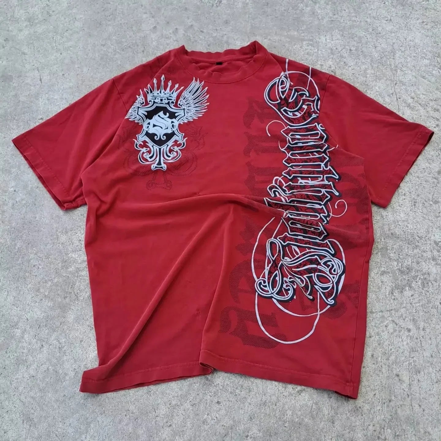 Southpole Y2K Vintage Cotton Graphic Tee Distressed Oversized Unisex T-Shirt with Gothic Print Streetwear Retro Soft Shirt Man