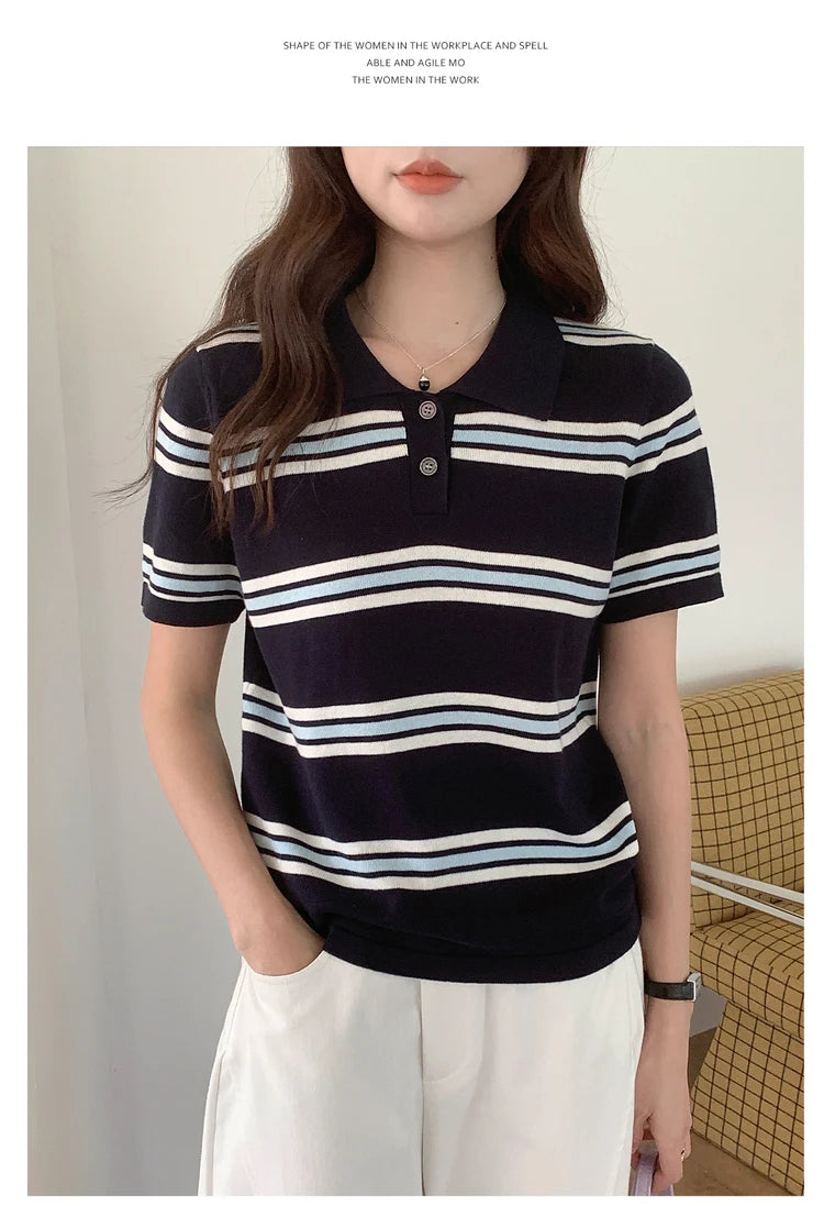 Summer 100% cotton women's T-shirt casual striped knit pullover short sleeved loose POLO collar Tees Pull fashion tops