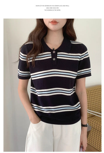 Summer 100% cotton women's T-shirt casual striped knit pullover short sleeved loose POLO collar Tees Pull fashion tops