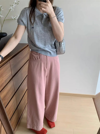 AOSSVIAO Summer New Korean Fashion Slim Polo shirt Knitted Short Sleeve T-shirt Sweet Bow Embroidered Knitted  Women Tops