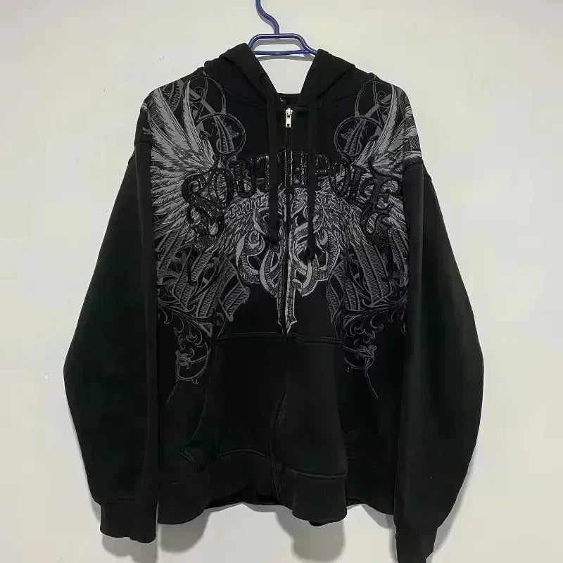 Mountainous Carving Harajuku Hoodie Y2K New Fleece Thickened Got Print Zipper Hoodie Women Street Hip Hop Joker Loose Sweatshirt