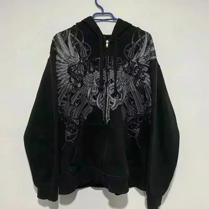 Mountainous Carving Harajuku Hoodie Y2K New Fleece Thickened Got Print Zipper Hoodie Women Street Hip Hop Joker Loose Sweatshirt