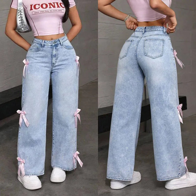 Luxury Women's Jeans Street Chic Street Style Bowknot Design Washed Denim Pants Loose Straight Wide Leg Pants For Y2kk