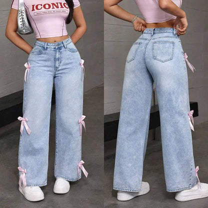Luxury Women's Jeans Street Chic Street Style Bowknot Design Washed Denim Pants Loose Straight Wide Leg Pants For Y2kk