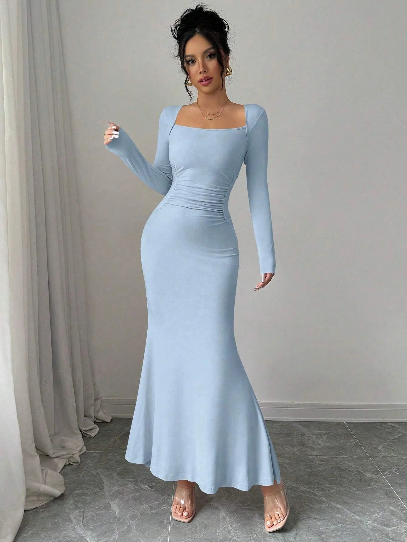 Women's Four Seasons New Style Women's Elegant Temperament Retro Solid Color Square Collar Long Sleeve Dress