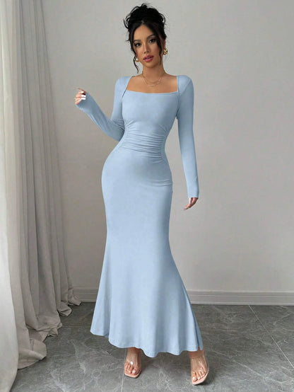 Women's Four Seasons New Style Women's Elegant Temperament Retro Solid Color Square Collar Long Sleeve Dress