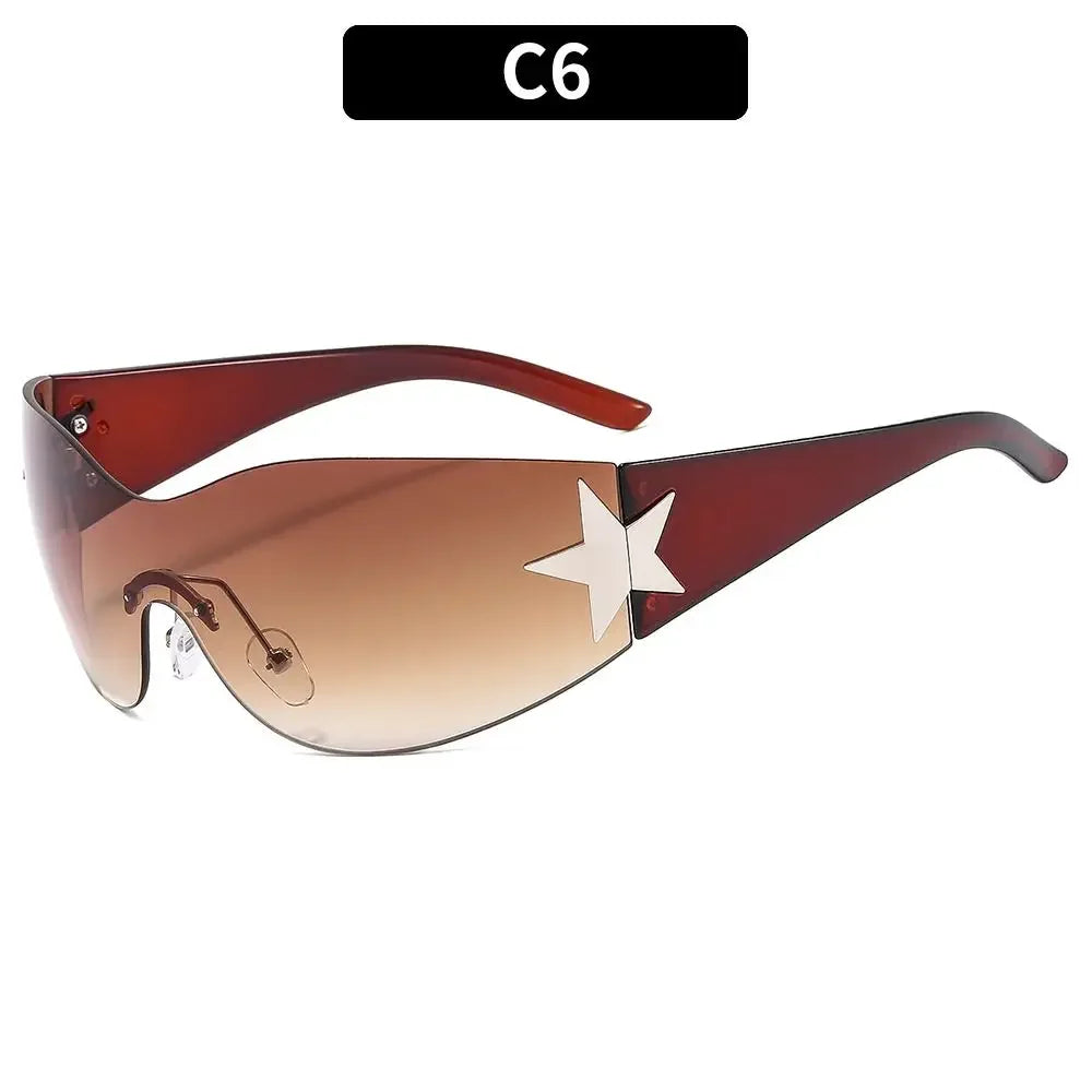 Rimless Punk Sunglasses Goggle Women Men Luxury Brand Wrap Around Sun Glasses Five Star Eyewear Sports One Piece Shades