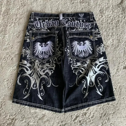 Denim shorts hip hop heraldic embroidered boy and girlfriend punk casual basketball shorts Y2K Harajuku retro street wear