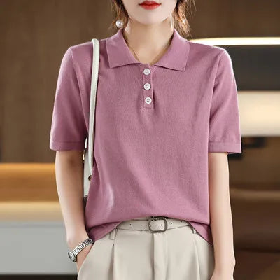 Women's T-shirt Summer 100% Cotton Sweater Short Sleeve Casual Knitted POLO Collar Women's Top Loose Pullover T-shirt Button