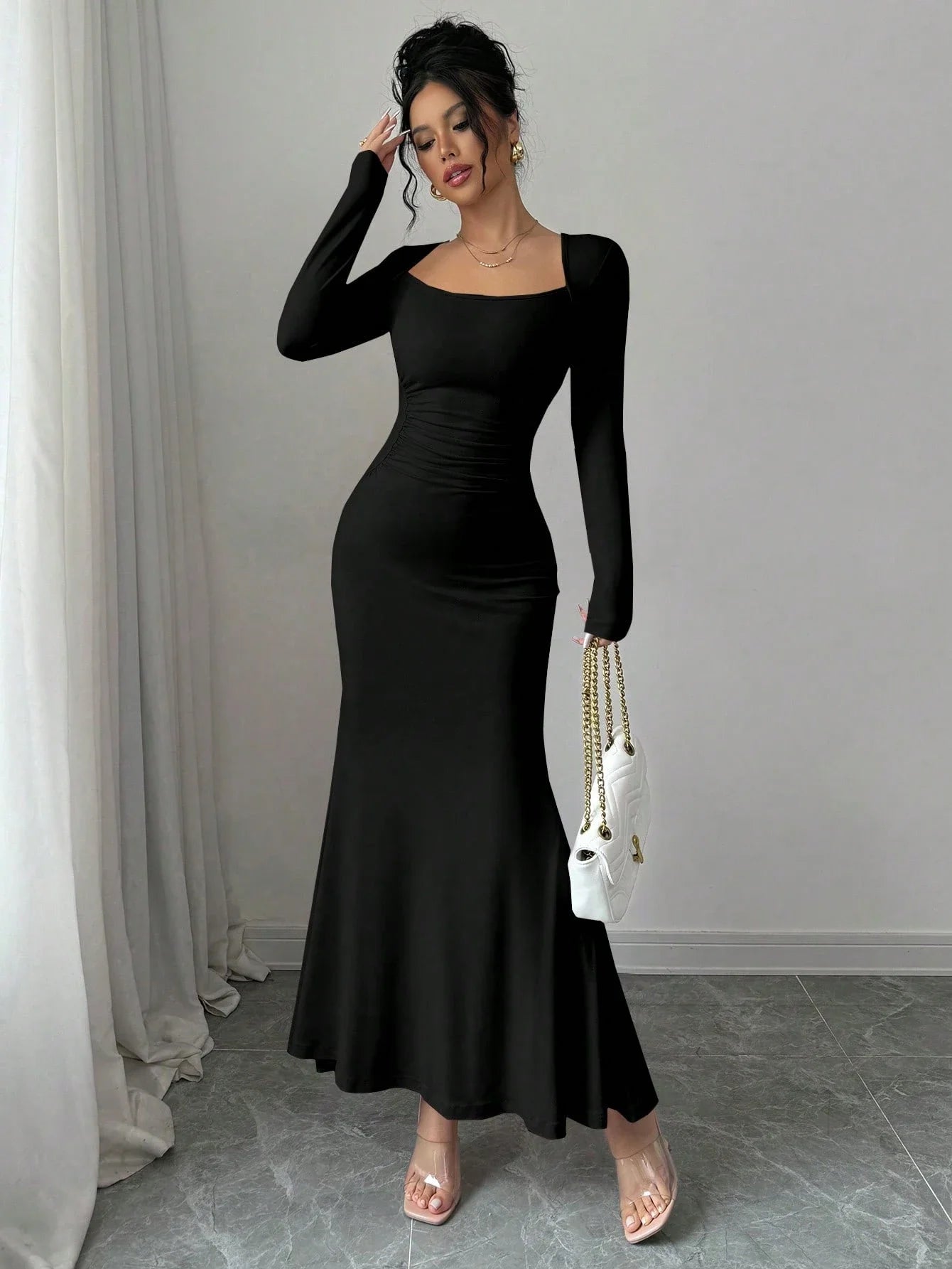 Women's Four Seasons New Style Women's Elegant Temperament Retro Solid Color Square Collar Long Sleeve Dress