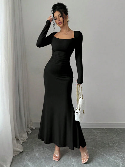 Women's Four Seasons New Style Women's Elegant Temperament Retro Solid Color Square Collar Long Sleeve Dress