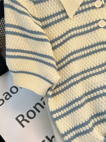 Polo Neck New Women's Knitting T-Shirt Striped Short Sleeve Women T Shirt for Female Slim Tops Woman T Shirts Clothing S145