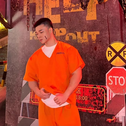 Adult Inmate Costume Orange Prisoner Jumpsuit Jailbird Outfit for Halloween Orange Prisoner Costume Men Jail Jumpsuit Costume