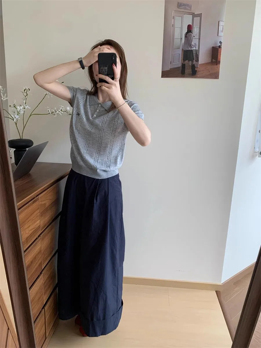 AOSSVIAO Summer New Korean Fashion Slim Polo shirt Knitted Short Sleeve T-shirt Sweet Bow Embroidered Knitted  Women Tops