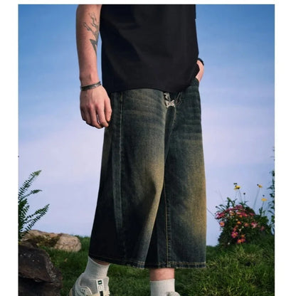 Men's Summer American High Street Retro Gradient Washed Denim Shorts Lazy Youth Trendy Ins New Versatile Casual Capri Pants