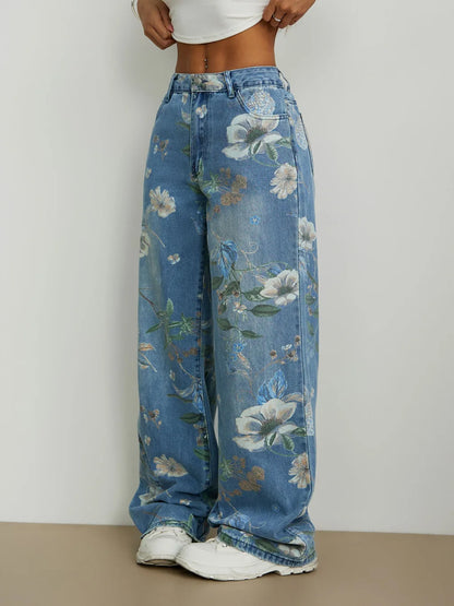 European and American-style women's printed wide-leg jeans, fashionable blue denim pants.