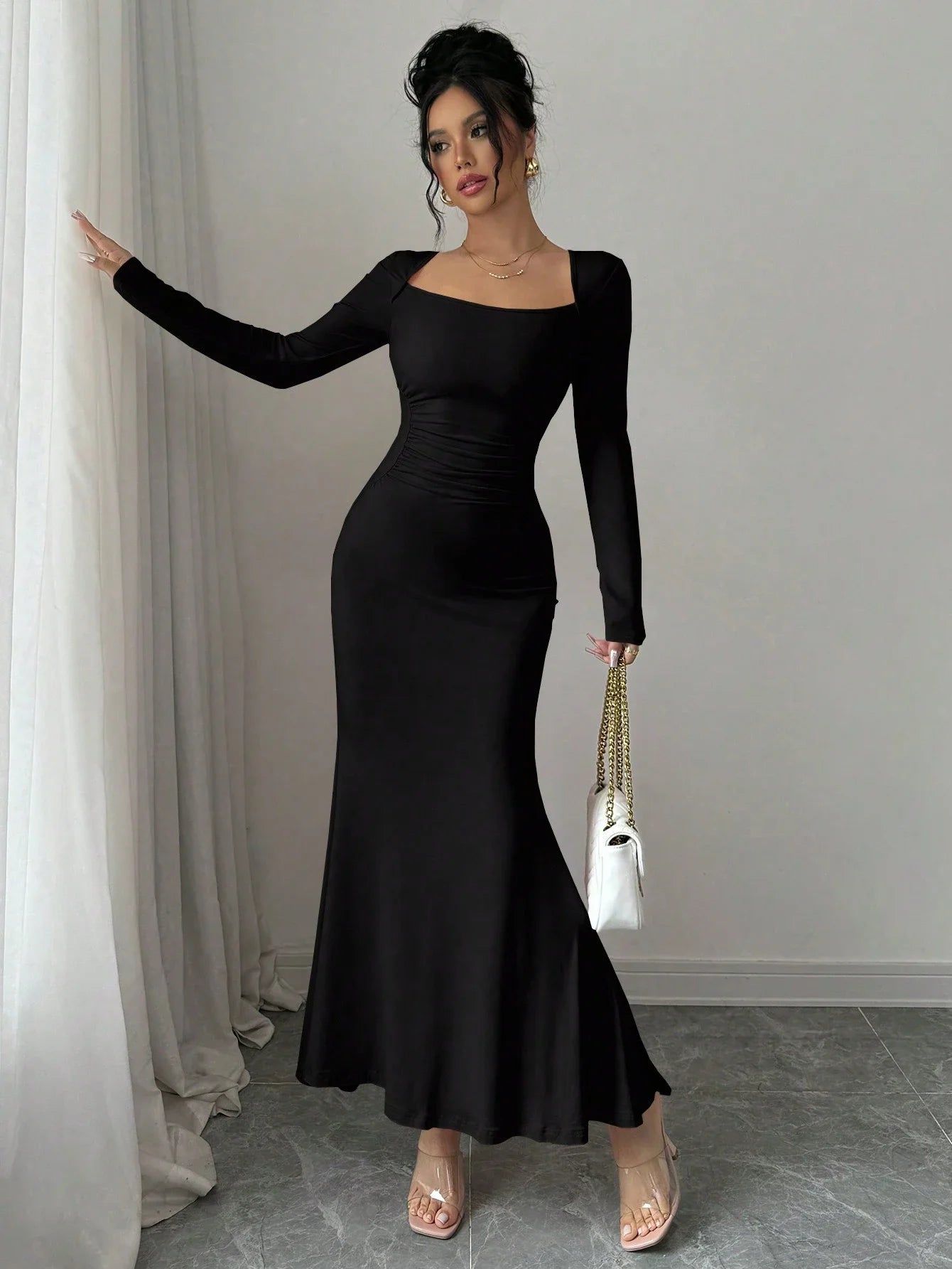 Women's Four Seasons New Style Women's Elegant Temperament Retro Solid Color Square Collar Long Sleeve Dress