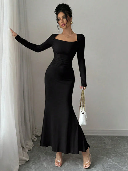 Women's Four Seasons New Style Women's Elegant Temperament Retro Solid Color Square Collar Long Sleeve Dress