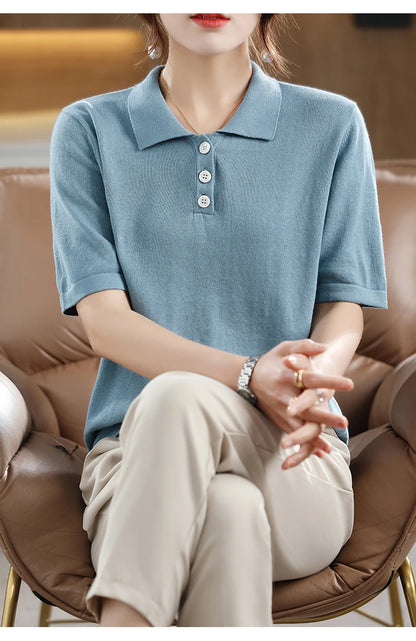 Women's T-shirt Summer 100% Cotton Sweater Short Sleeve Casual Knitted POLO Collar Women's Top Loose Pullover T-shirt Button