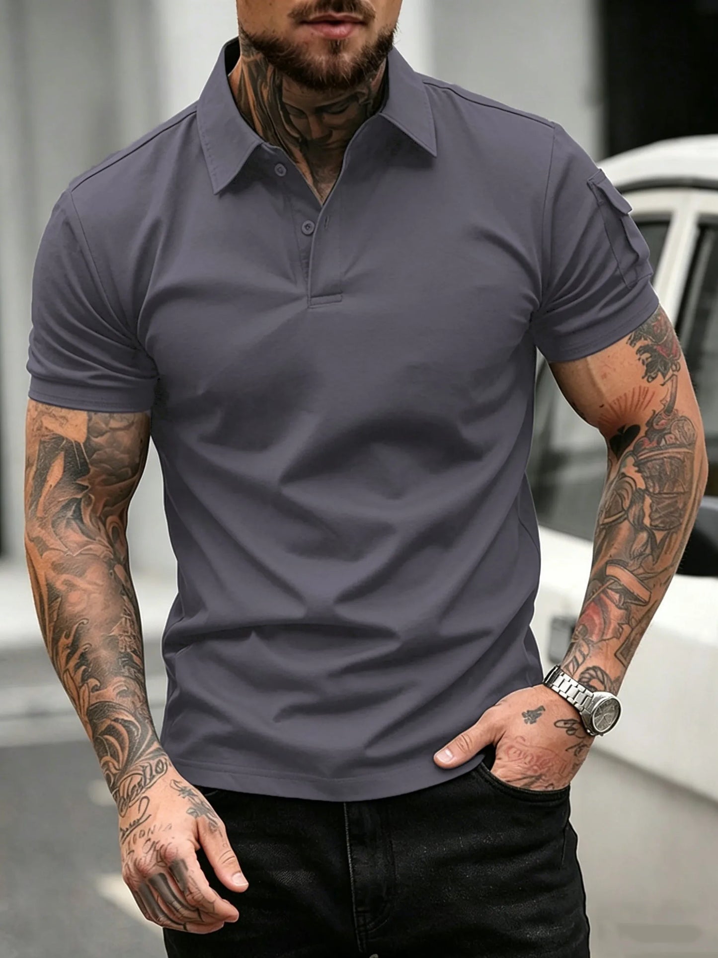 Soft Breathable Pocket Short Sleeve For Man Summer Loose Solid Polo Shirt New Fashion Daily Streetwear Sport Basic T-Shirt