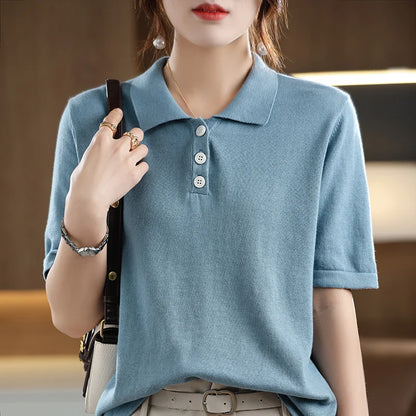 Women's T-shirt Summer 100% Cotton Sweater Short Sleeve Casual Knitted POLO Collar Women's Top Loose Pullover T-shirt Button