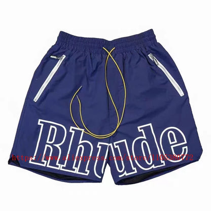 Latest Style RHUDE Men's  Casual Shorts Hip Hop Elastic Waist Drawstring Zip Pocket Summer Street Leisure Beach Shorts
