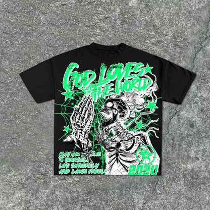 Summer men's fashion style skull print comfortable and breathable with round neck T-shirt outdoor warning top