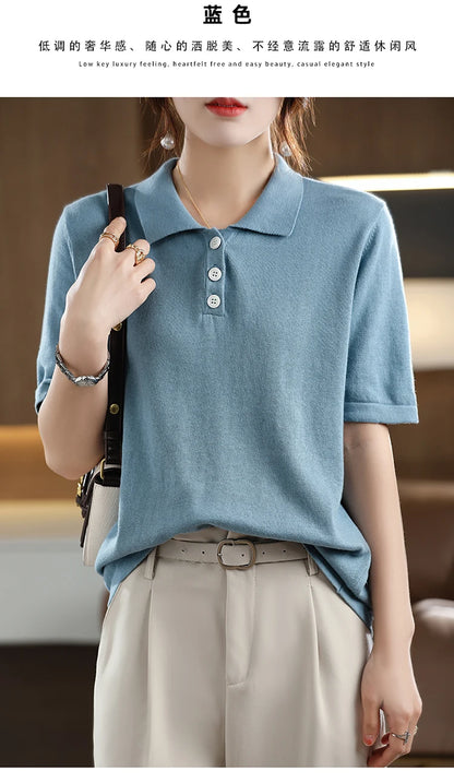 Women's T-shirt Summer 100% Cotton Sweater Short Sleeve Casual Knitted POLO Collar Women's Top Loose Pullover T-shirt Button
