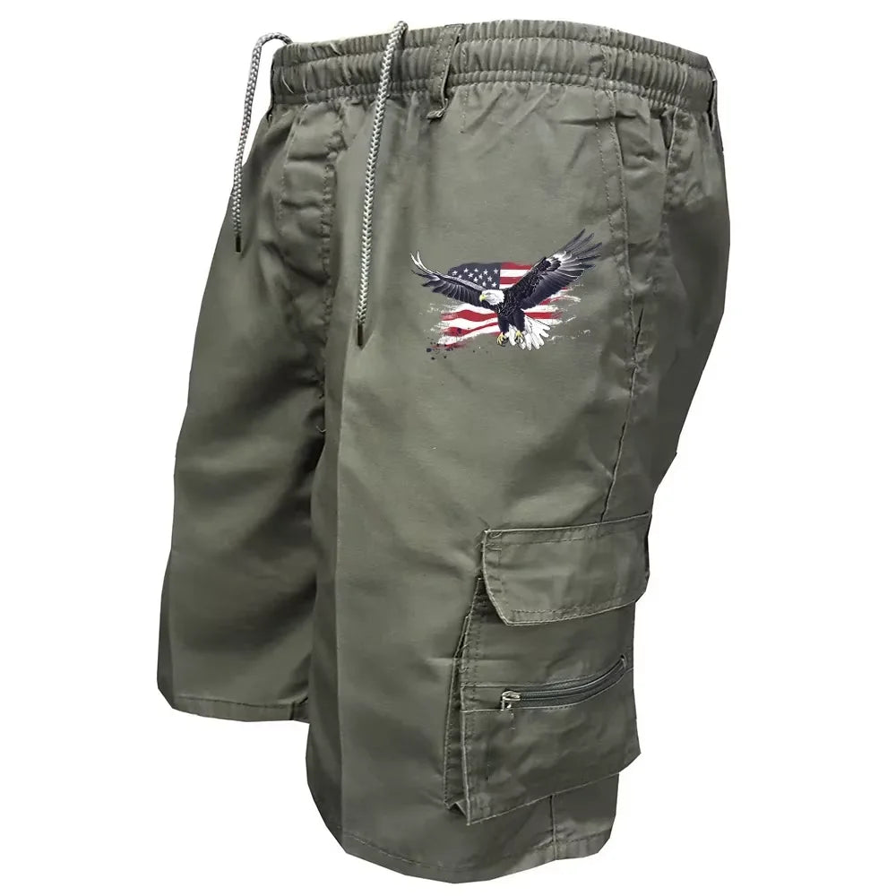 Male Cargo Shorts Elastic Waist Cycling Shorts Multi-pockets Loose Work Short Pants Outdoor Sport Printed Casual Shorts