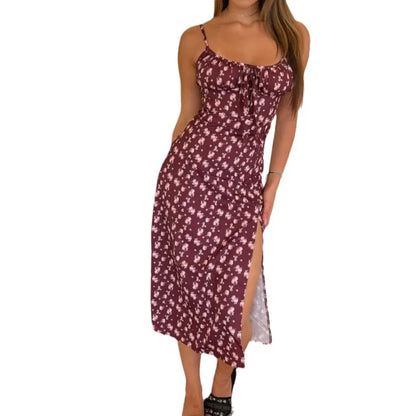Women Elegant Floral Beach Vacation Streetwear Sexy Low Cut Beach Party Slim Slit Dress Chic Bodycon Lady Sleeveless Vestidos