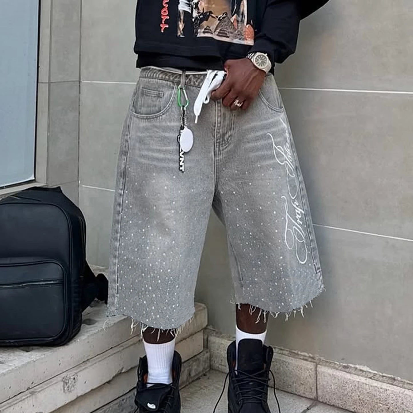 Summer Fashion Denim Shorts for Men Knee Length Casual Letter Embroidered Shiny Rhinestone Decor Jeans Shorts with Pockets