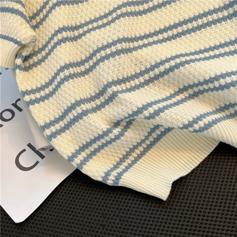 Polo Neck New Women's Knitting T-Shirt Striped Short Sleeve Women T Shirt for Female Slim Tops Woman T Shirts Clothing S145