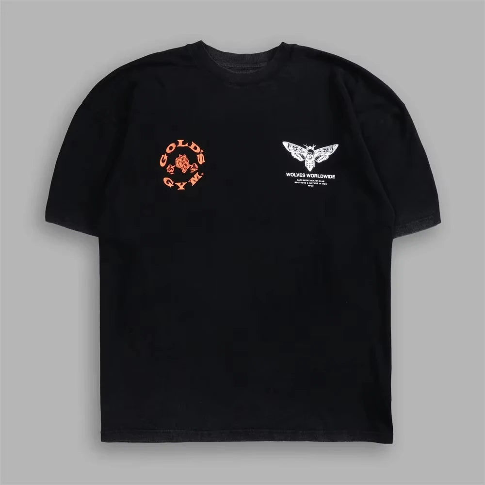 GYM Collaboration Fitness American Trendy Brand Wolf Head Print Pure Cotton Round-neck Couple T-shirts Summer Fashion Tees