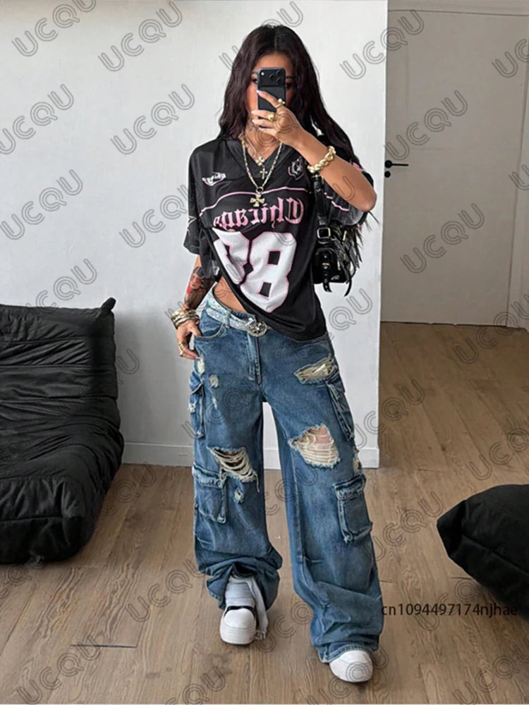 Summer New Chicago No.88 Print T Shirt For Women V-Neck Patchwork Short Sleeve Sports Football Jersey Y2K Loose Oversized Tops