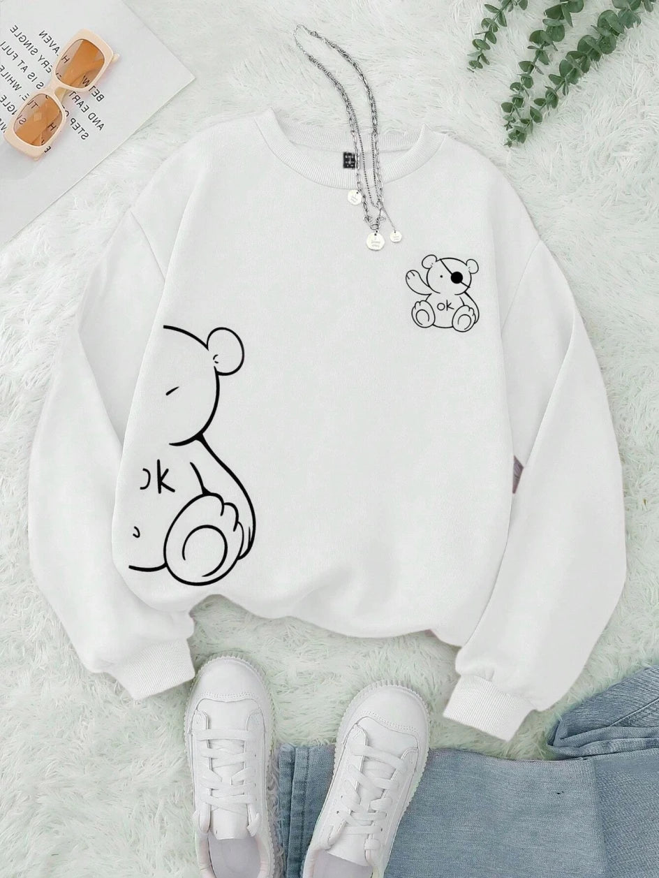 Profashion OK Teddy bear Printing Sweatshirts For Women Classic Retro Fashion Hoodies Fleece Warm Casual Clothes Loose Sportswear