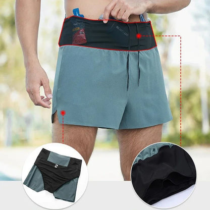 Quick Dry Men Running Shorts Double Layer Sport Shorts With Fanny Pack Multi Pockets